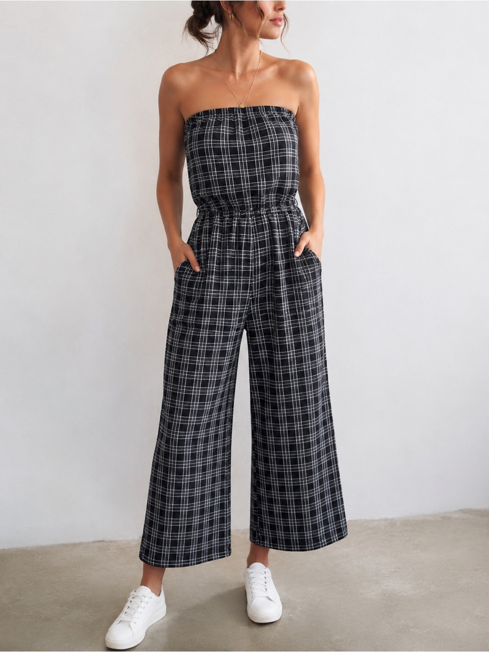 Ripe Plaid Strapless Wide Leg Jumpsuit Black Grey Check Print Size S